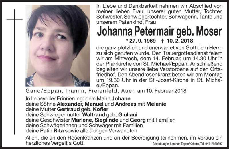  Traueranzeige für Johanna Petermair vom 12.02.2018 aus Dolomiten
