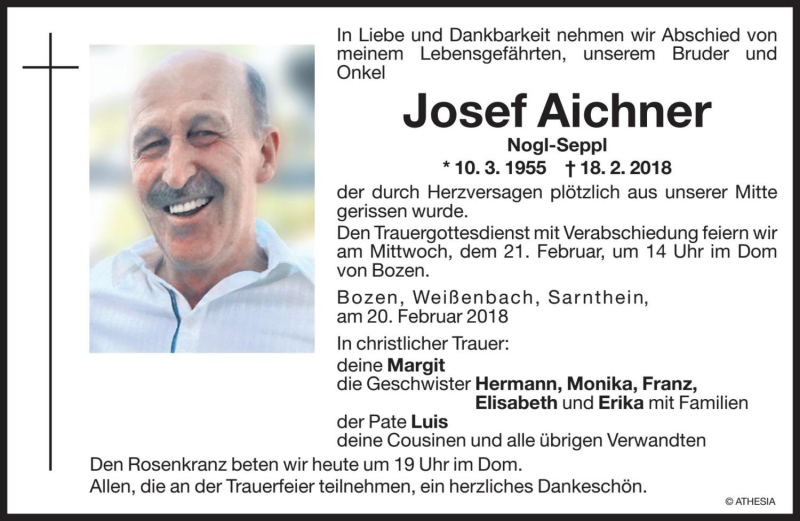  Traueranzeige für Josef Aichner vom 20.02.2018 aus Dolomiten
