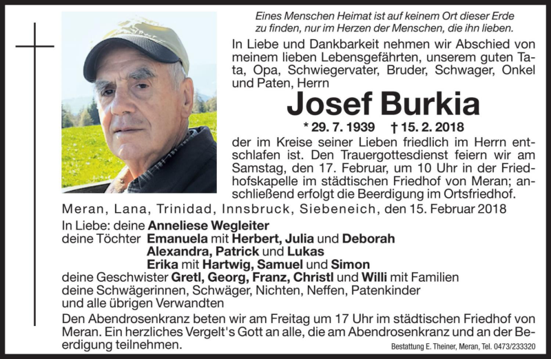  Traueranzeige für Josef Burkia vom 16.02.2018 aus Dolomiten