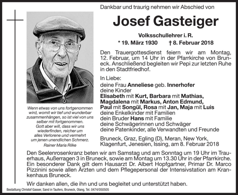  Traueranzeige für Josef Gasteiger vom 10.02.2018 aus Dolomiten