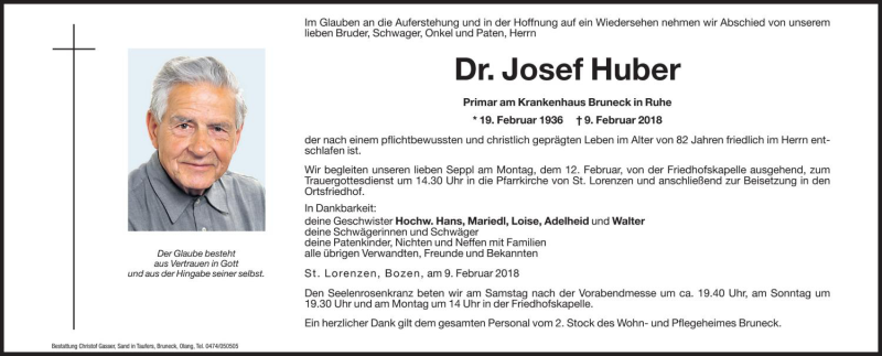  Traueranzeige für Josef Huber vom 10.02.2018 aus Dolomiten