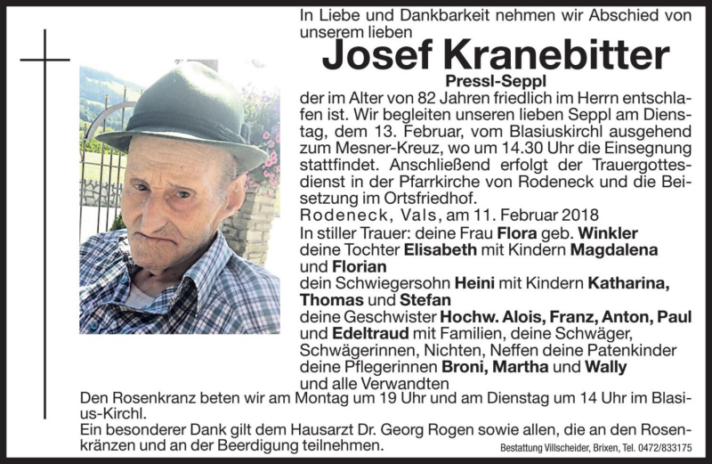  Traueranzeige für Josef Kranebitter vom 12.02.2018 aus Dolomiten