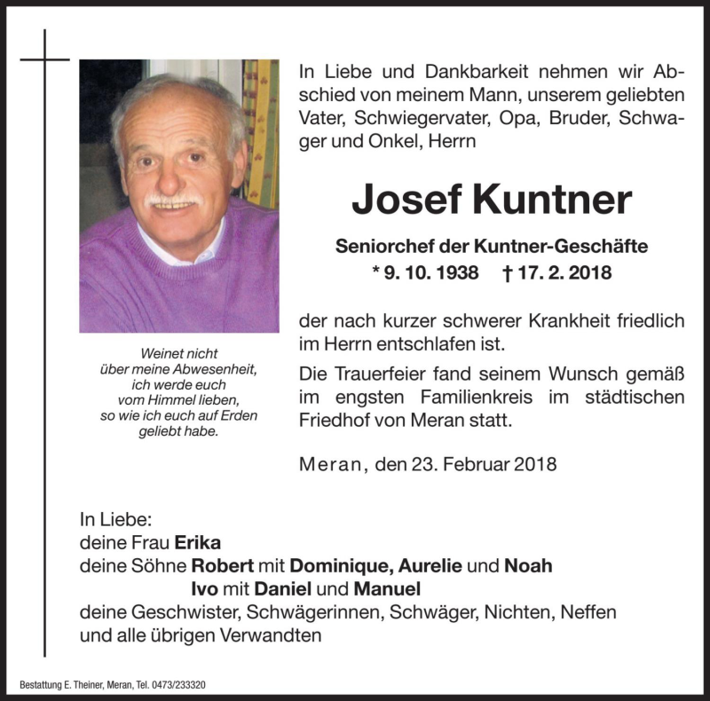 Traueranzeige für Josef Kuntner vom 23.02.2018 aus Dolomiten