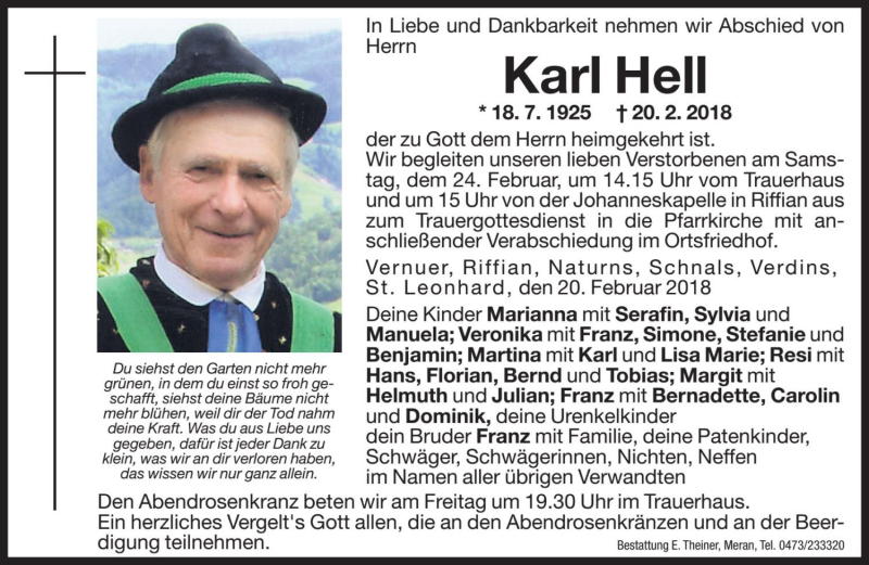  Traueranzeige für Karl Hell vom 23.02.2018 aus Dolomiten