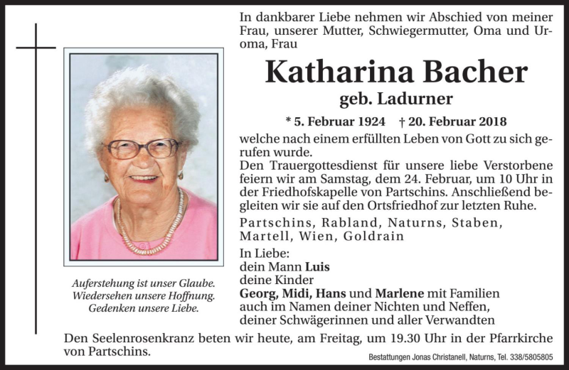  Traueranzeige für Katharina Bacher vom 23.02.2018 aus Dolomiten