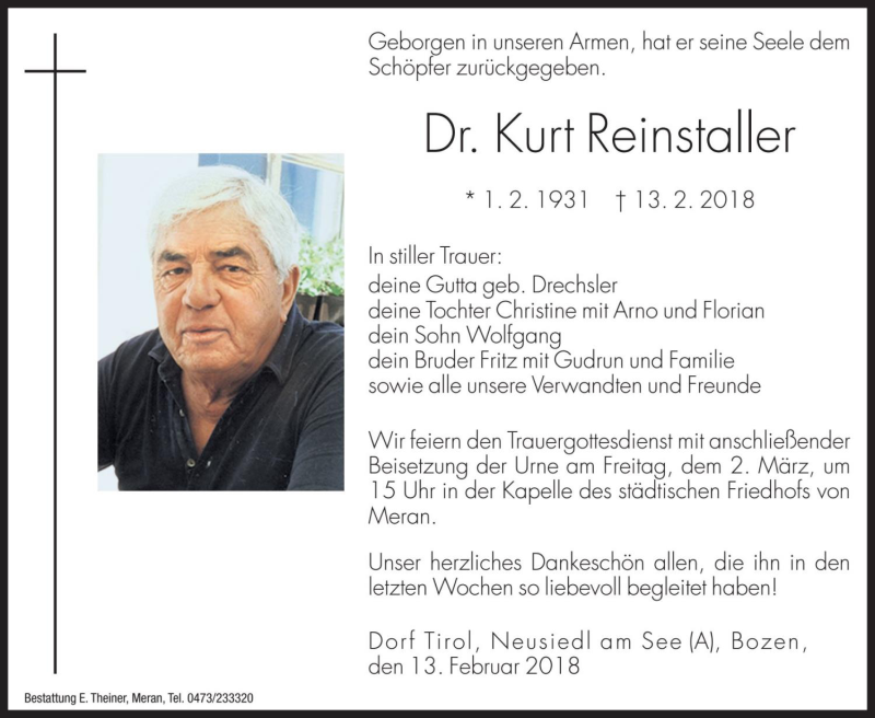  Traueranzeige für Kurt Reinstaller vom 23.02.2018 aus Dolomiten