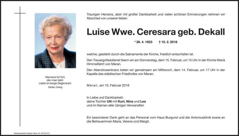  Traueranzeige für Luise Ceresara vom 13.02.2018 aus Dolomiten