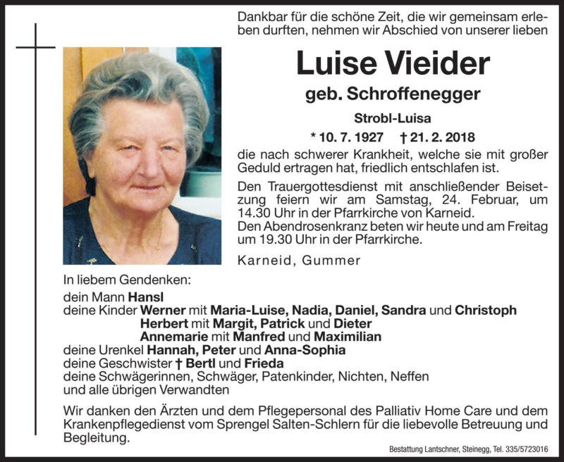  Traueranzeige für Luise Vieider vom 22.02.2018 aus Dolomiten