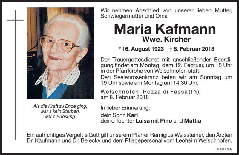  Traueranzeige für Maria Kircher vom 10.02.2018 aus Dolomiten