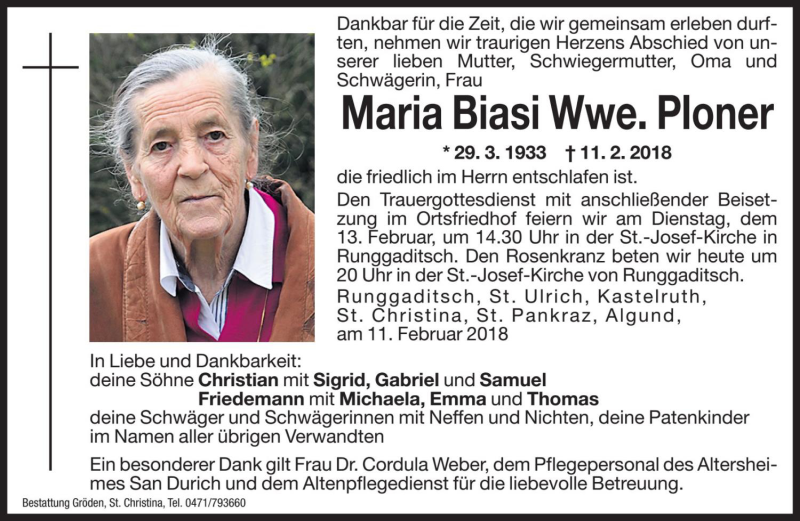  Traueranzeige für Maria Ploner vom 12.02.2018 aus Dolomiten