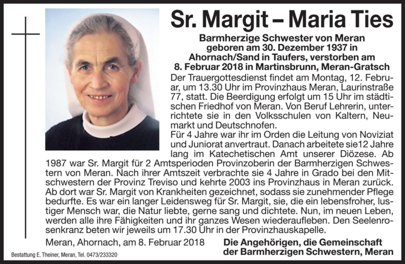  Traueranzeige für Maria Ties vom 10.02.2018 aus Dolomiten