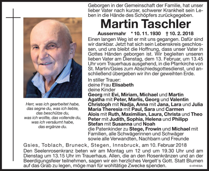  Traueranzeige für Martin Taschler vom 12.02.2018 aus Dolomiten