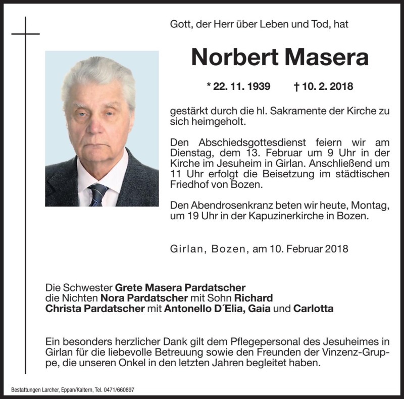  Traueranzeige für Norbert Masera vom 12.02.2018 aus Dolomiten