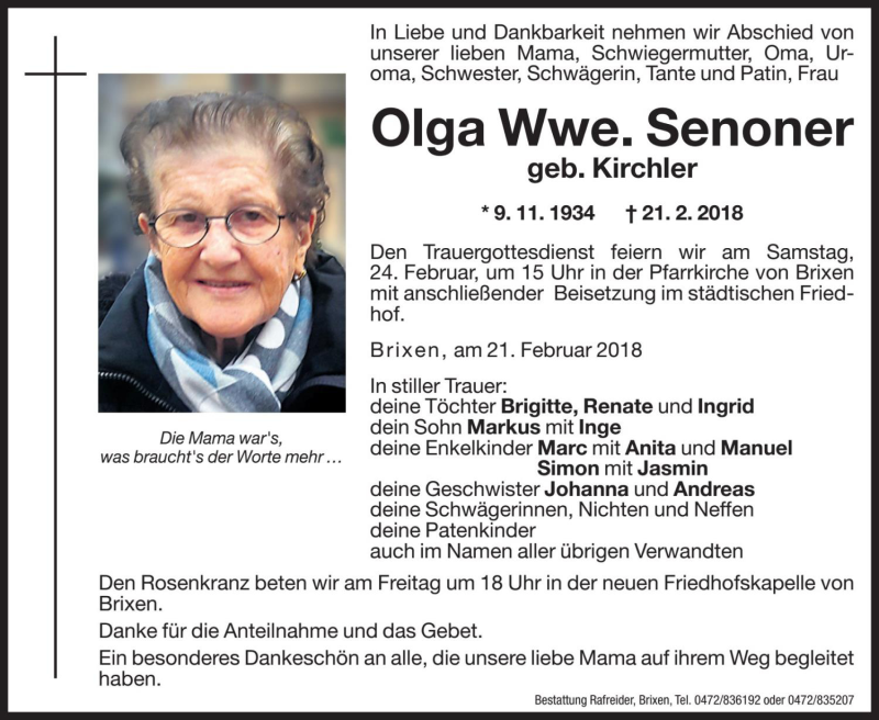  Traueranzeige für Olga Senoner vom 23.02.2018 aus Dolomiten