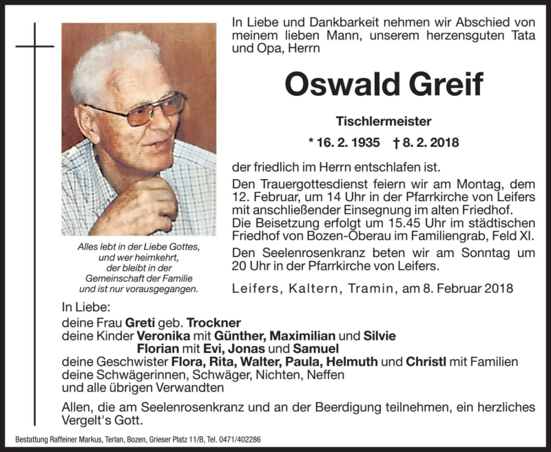  Traueranzeige für Oswald Greif vom 10.02.2018 aus Dolomiten