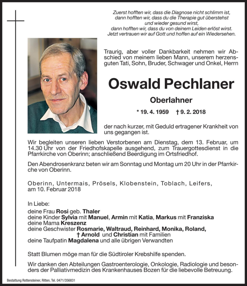  Traueranzeige für Oswald Pechlaner vom 10.02.2018 aus Dolomiten