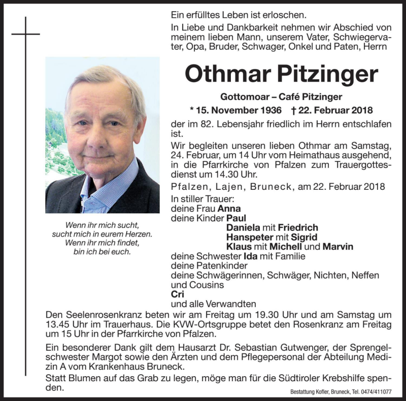  Traueranzeige für Othmar Pitzinger vom 23.02.2018 aus Dolomiten