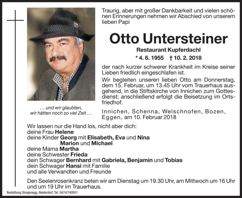  Traueranzeige für Otto Untersteiner vom 13.02.2018 aus Dolomiten