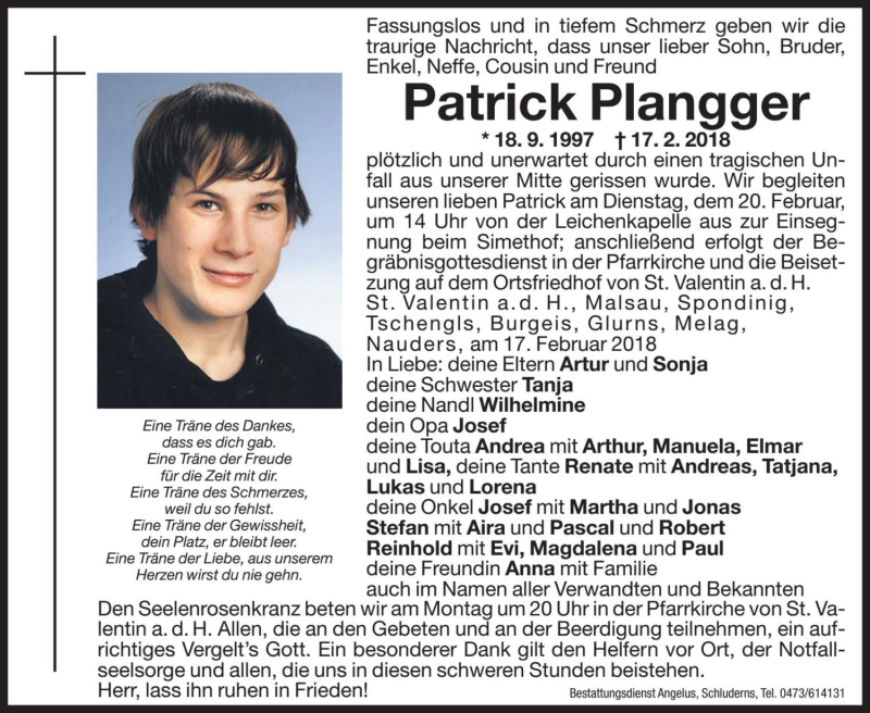  Traueranzeige für Patrick Plangger vom 19.02.2018 aus Dolomiten