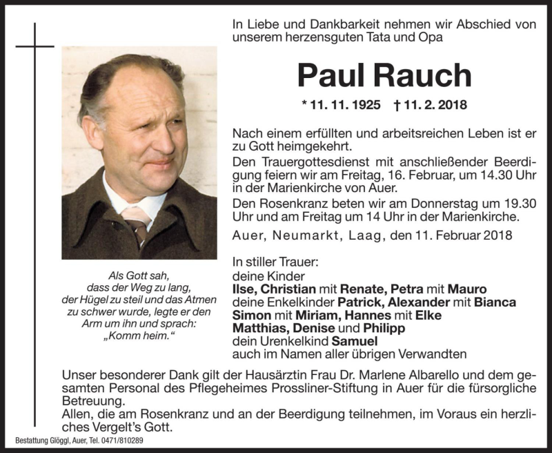  Traueranzeige für Paul Rauch vom 12.02.2018 aus Dolomiten