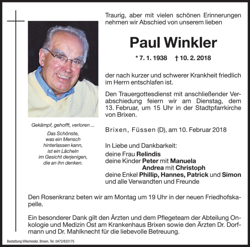  Traueranzeige für Paul Winkler vom 12.02.2018 aus Dolomiten