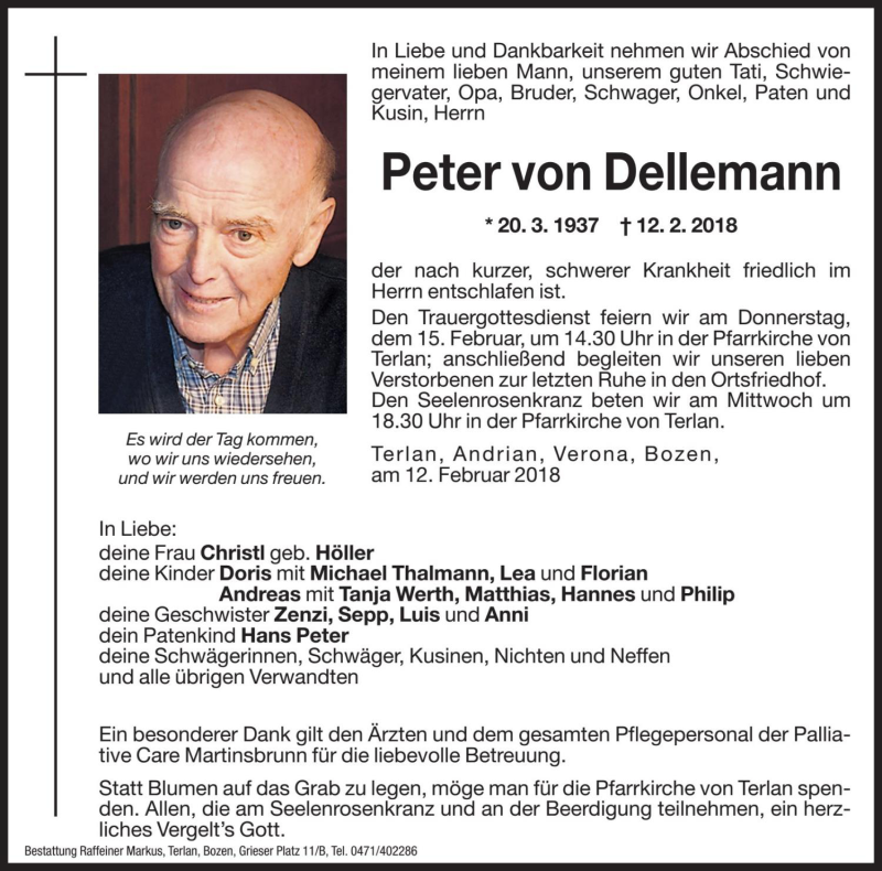  Traueranzeige für Peter von Dellemann vom 13.02.2018 aus Dolomiten