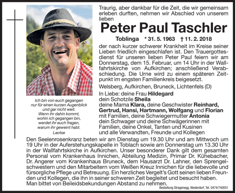  Traueranzeige für Peter Paul Taschler vom 13.02.2018 aus Dolomiten