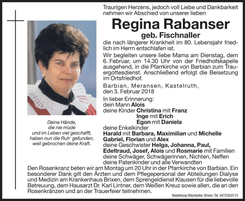 Traueranzeige für Regina Rabanser vom 05.02.2018 aus Dolomiten