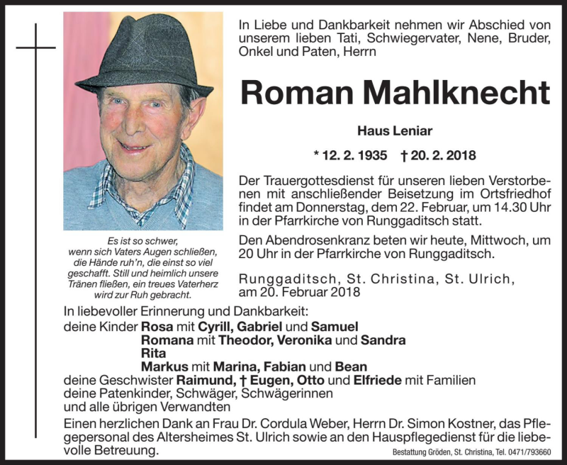  Traueranzeige für Roman Mahlknecht vom 21.02.2018 aus Dolomiten