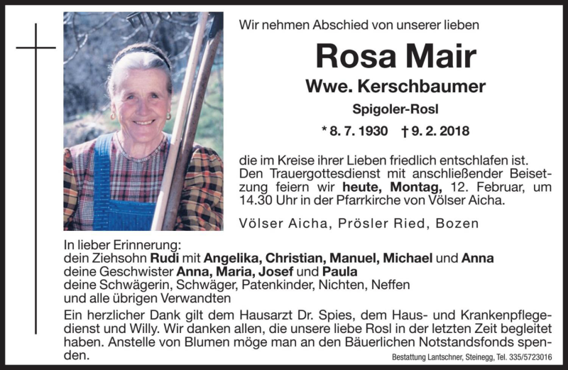 Traueranzeige für Rosa Kerschbaumer vom 12.02.2018 aus Dolomiten