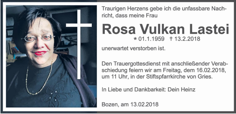  Traueranzeige für Rosa Lastei vom 15.02.2018 aus Dolomiten