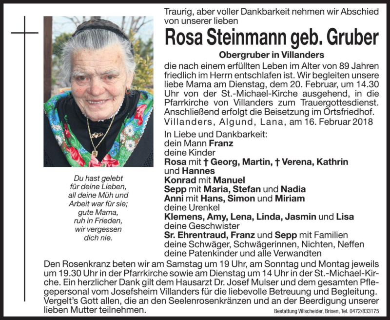  Traueranzeige für Rosa Steinmann vom 17.02.2018 aus Dolomiten