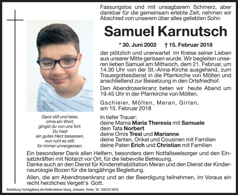  Traueranzeige für Samuel Karnutsch vom 20.02.2018 aus Dolomiten