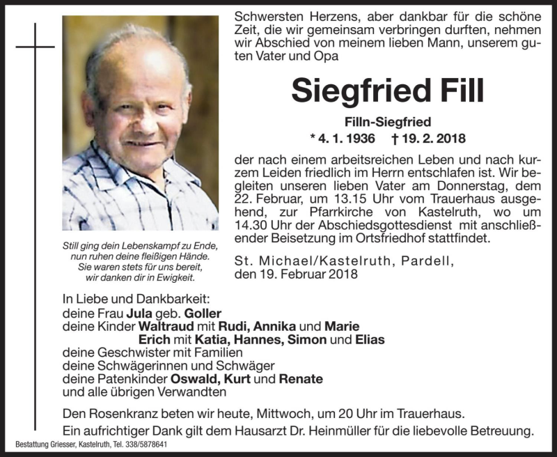  Traueranzeige für Siegfried Fill vom 21.02.2018 aus Dolomiten
