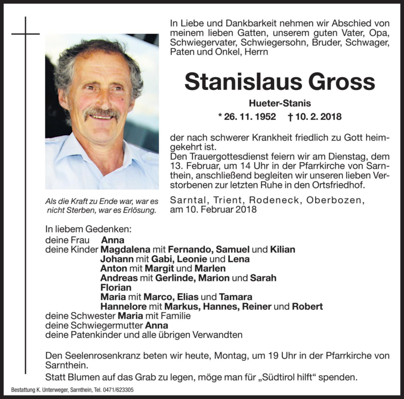  Traueranzeige für Stanislaus Gross vom 12.02.2018 aus Dolomiten