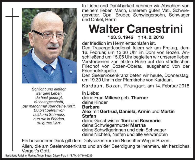  Traueranzeige für Walter Canestrini vom 15.02.2018 aus Dolomiten