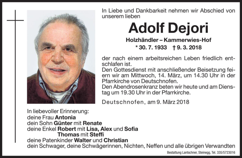  Traueranzeige für Adolf Dejori vom 12.03.2018 aus Dolomiten