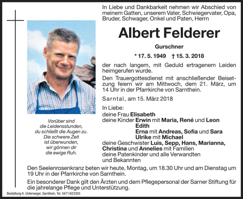  Traueranzeige für Albert Felderer vom 19.03.2018 aus Dolomiten