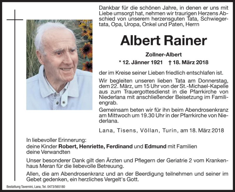  Traueranzeige für Albert Rainer vom 20.03.2018 aus Dolomiten