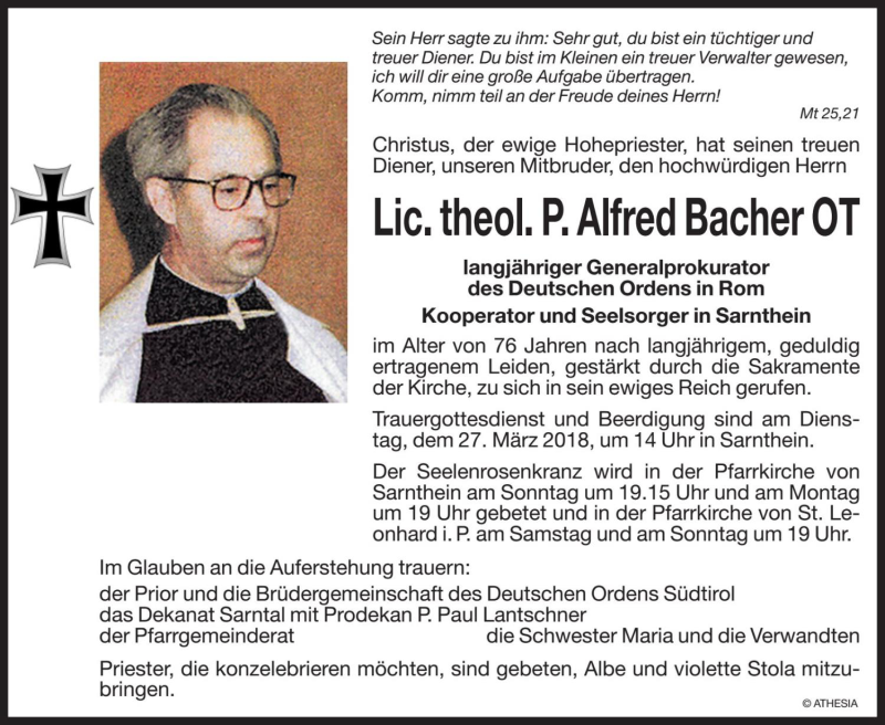  Traueranzeige für Alfred Bacher vom 23.03.2018 aus Dolomiten