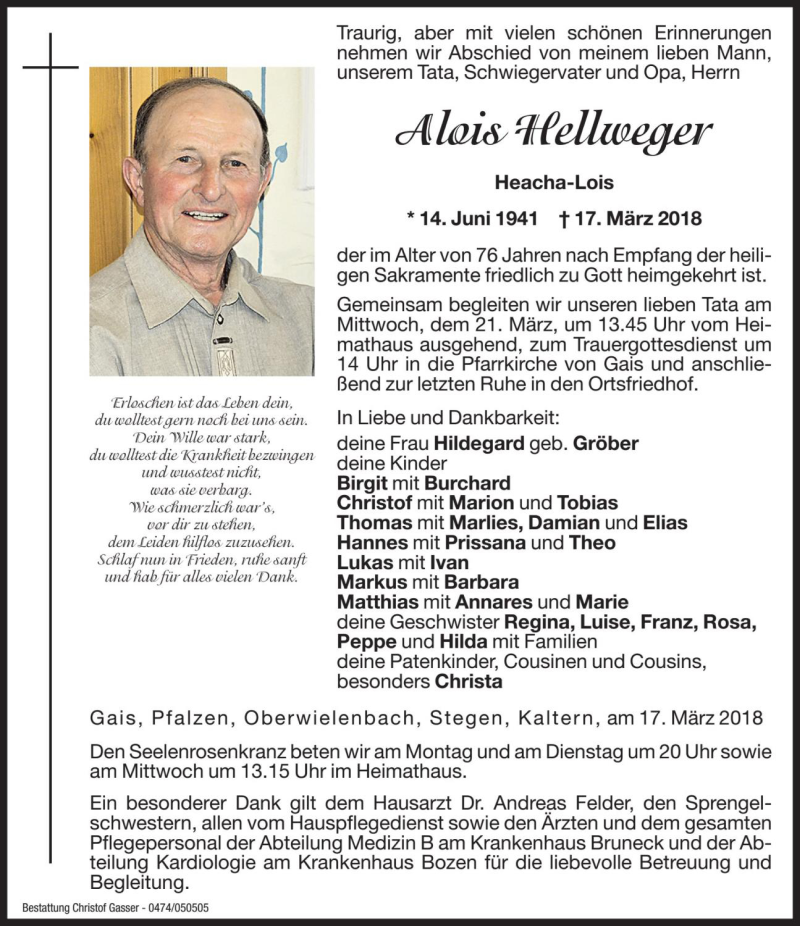  Traueranzeige für Alois Hellweger vom 19.03.2018 aus Dolomiten