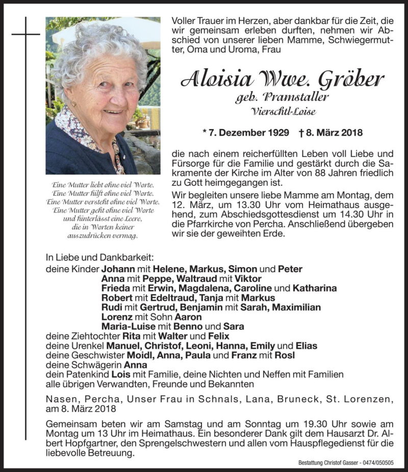 Traueranzeige für Aloisia Gröber vom 10.03.2018 aus Dolomiten