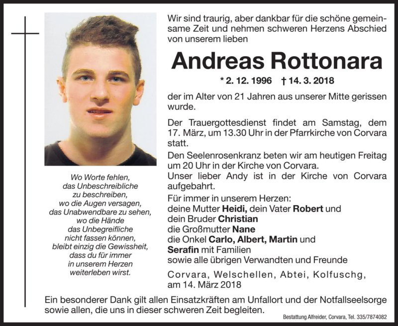  Traueranzeige für Andreas Rottonara vom 16.03.2018 aus Dolomiten