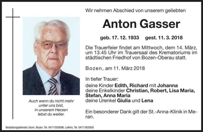  Traueranzeige für Anton Gasser vom 13.03.2018 aus Dolomiten