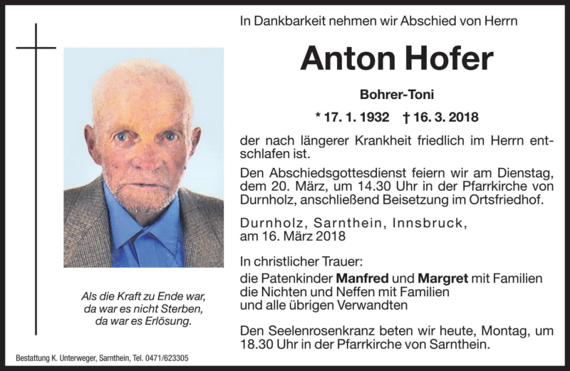  Traueranzeige für Anton Hofer vom 19.03.2018 aus Dolomiten