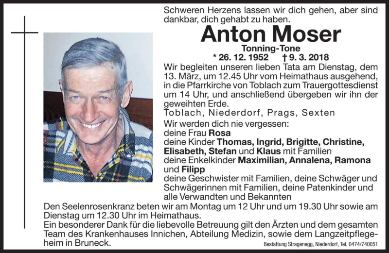  Traueranzeige für Anton Moser vom 12.03.2018 aus Dolomiten