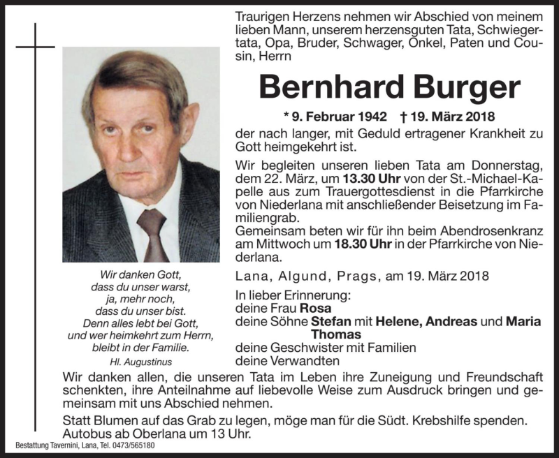  Traueranzeige für Bernhard Burger vom 20.03.2018 aus Dolomiten