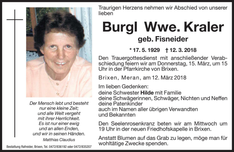  Traueranzeige für Burgl Kraler vom 13.03.2018 aus Dolomiten