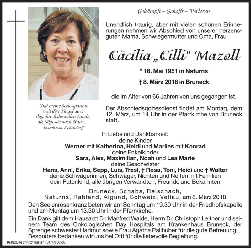  Traueranzeige für Cäcilia Mazoll vom 10.03.2018 aus Dolomiten