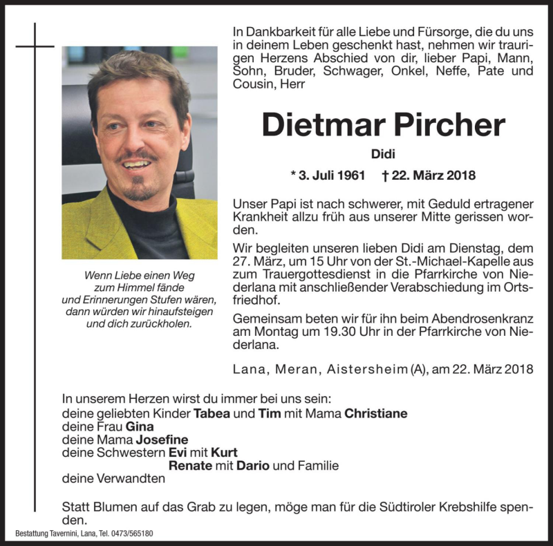  Traueranzeige für Dietmar Pircher vom 24.03.2018 aus Dolomiten